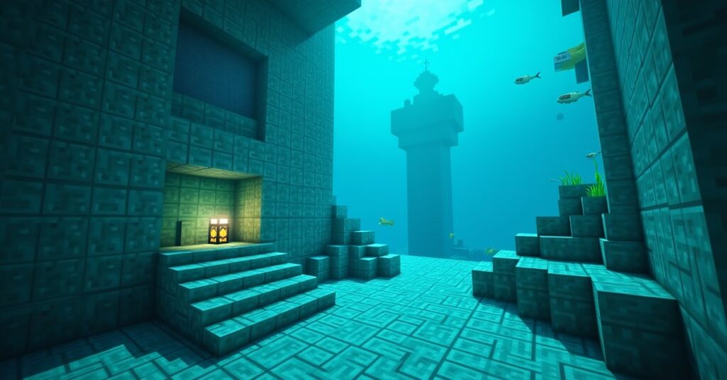 Prismarine bricks forming the wall of a Minecraft ocean monument lit by sea lanterns underwater