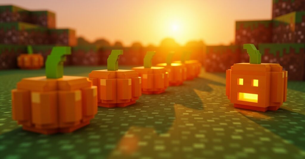 A Minecraft pumpkin patch growing on grass beside a glowing carved jack o'lantern at dusk.
