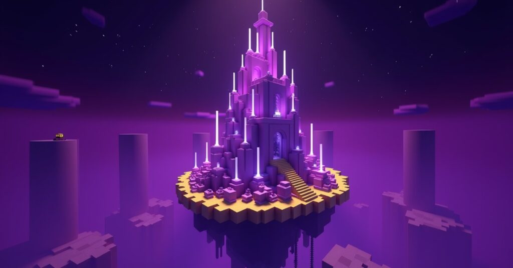A tall Minecraft End city tower built from pale purple purpur blocks and pillars, lit by white end rods.