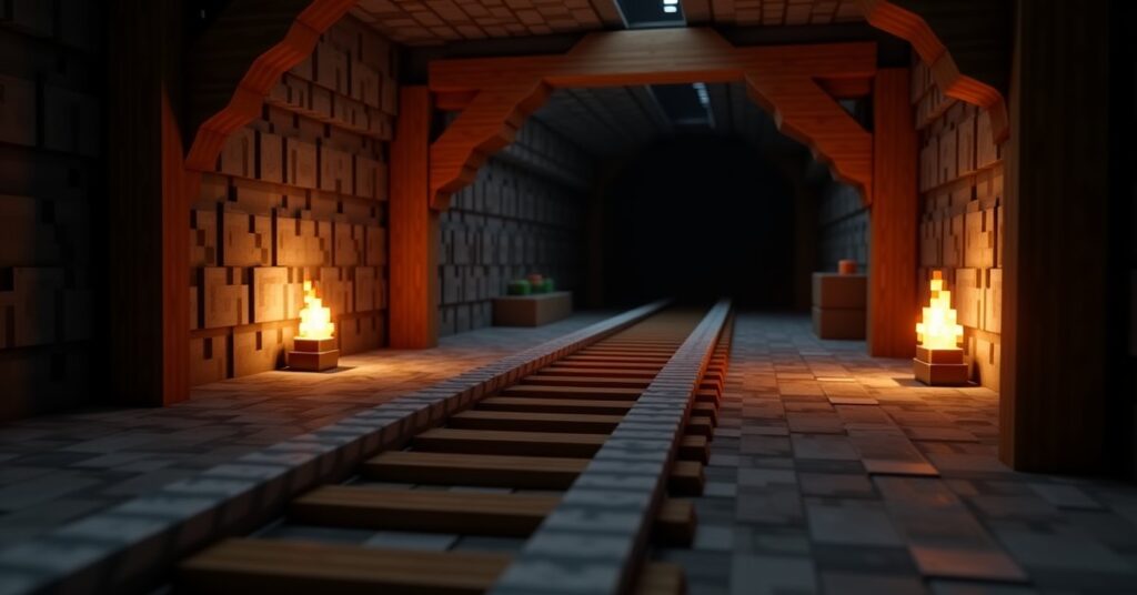 A Minecraft minecart resting on a curving iron rail track inside a torch-lit wooden mineshaft.
