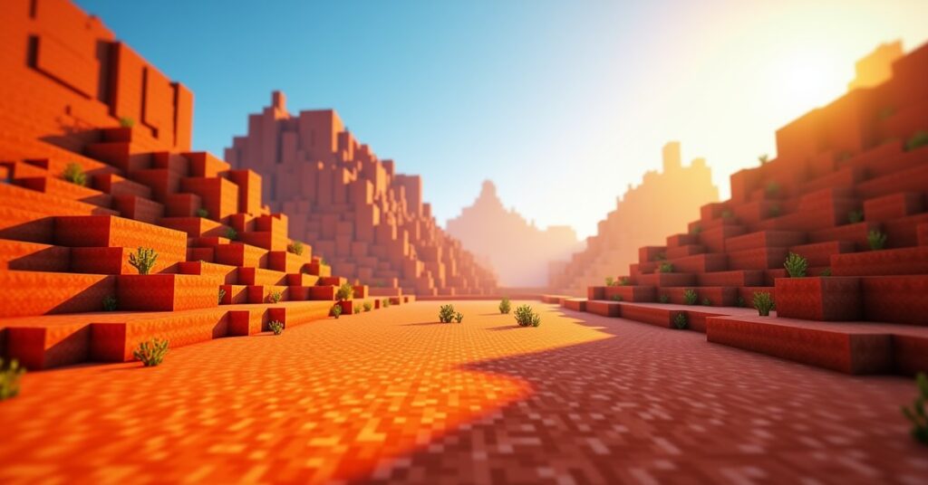 Minecraft badlands biome with red sand canyon flats, terracotta mesa cliffs, and cactus under a golden sky.