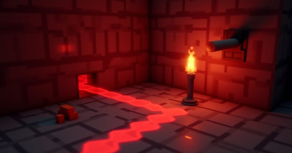 Redstone dust placed as glowing red wire on stone blocks in Minecraft, connecting a lever to a lit redstone lamp.