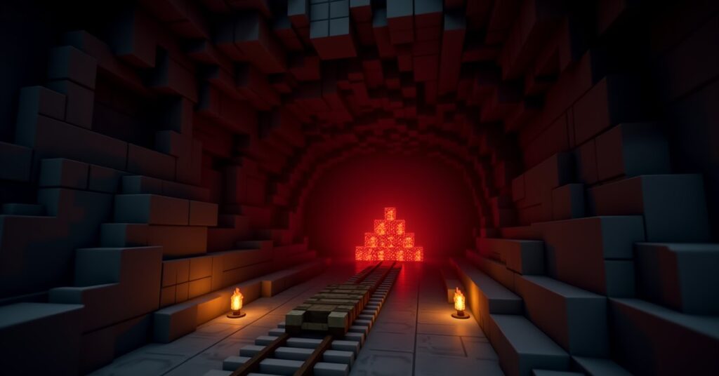 Redstone ore blocks glowing red in a torch-lit deepslate mining tunnel in Minecraft.