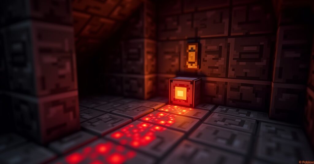 A Minecraft redstone repeater on a stone floor connected to glowing redstone dust in an underground tunnel.