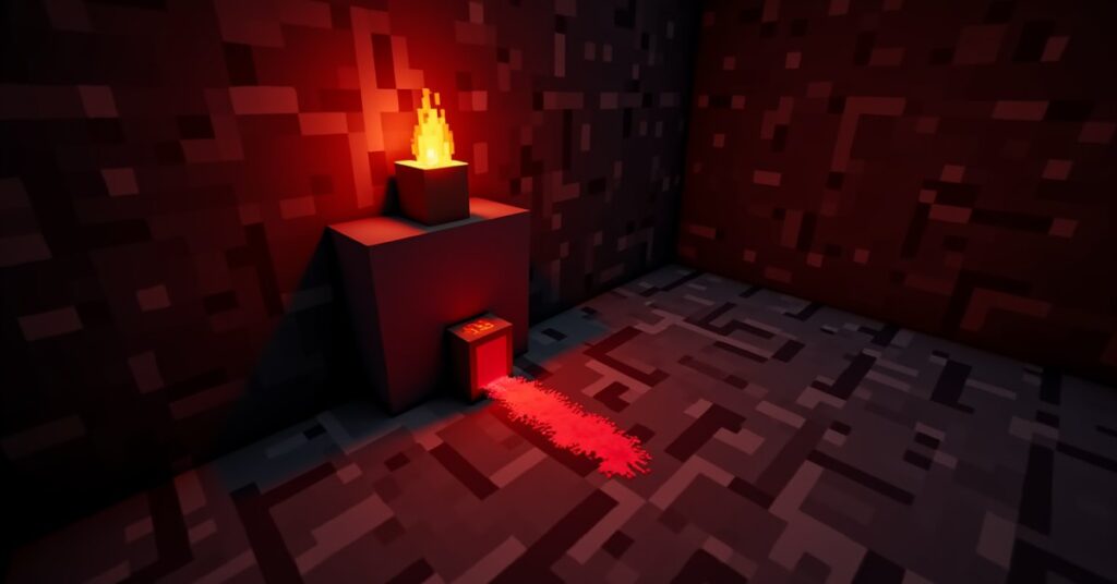 A glowing redstone torch on a stone block in Minecraft, wired by redstone dust to a redstone lamp.