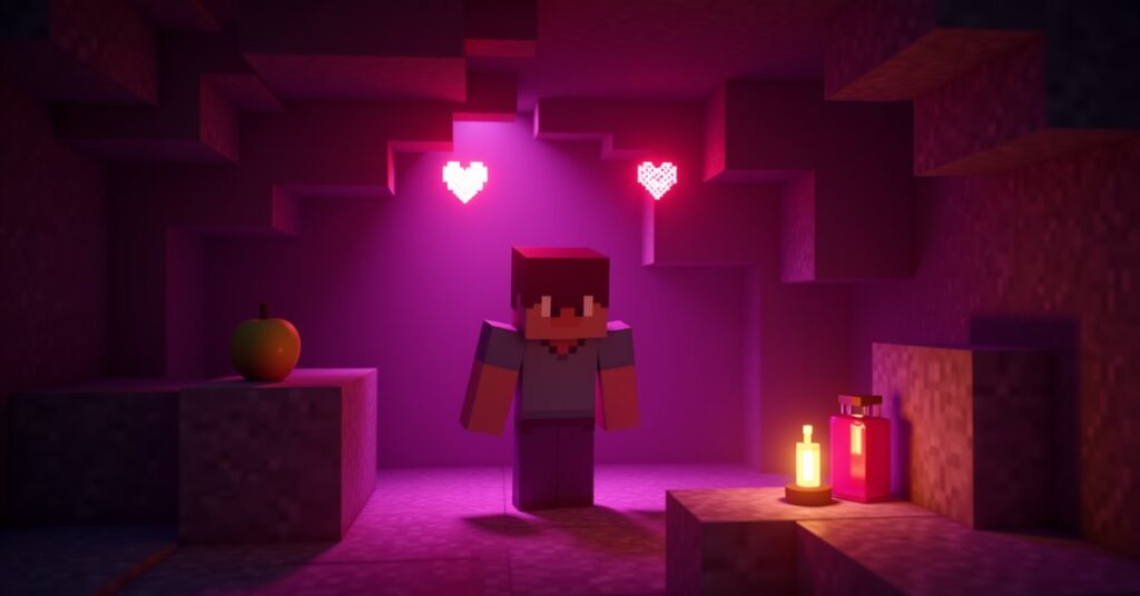 Minecraft player surrounded by pink Regeneration particles with a golden apple and potion nearby in a torchlit cave