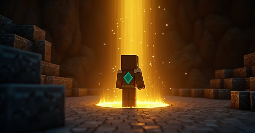 Minecraft player in diamond armor standing in a golden beacon beam with Resistance effect particles glowing around them