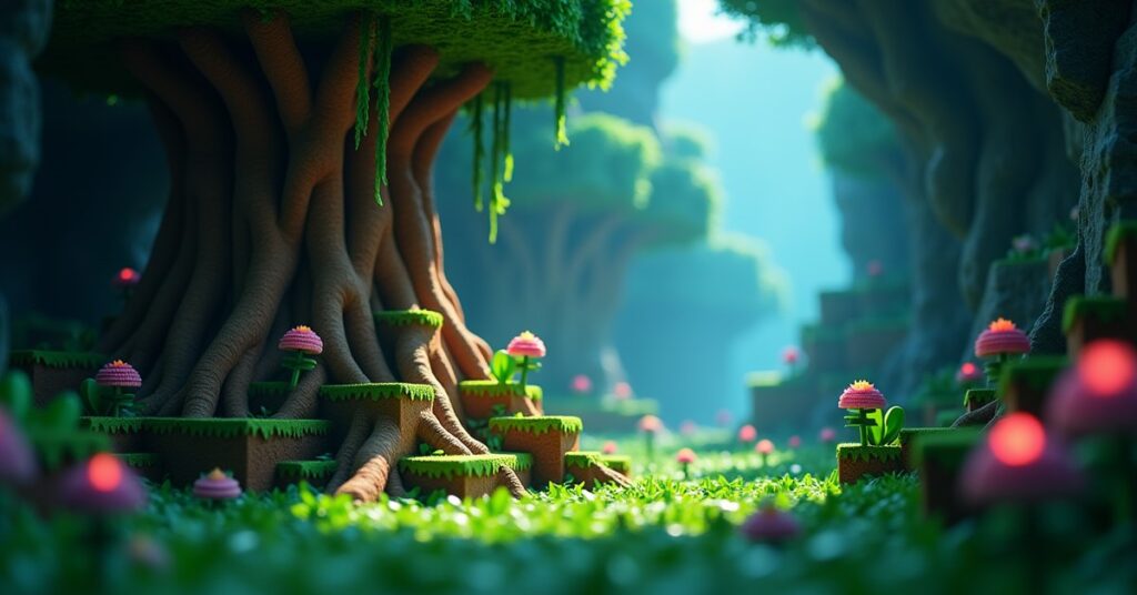 Rooted dirt block with hanging roots beneath it in a Minecraft lush caves cavern