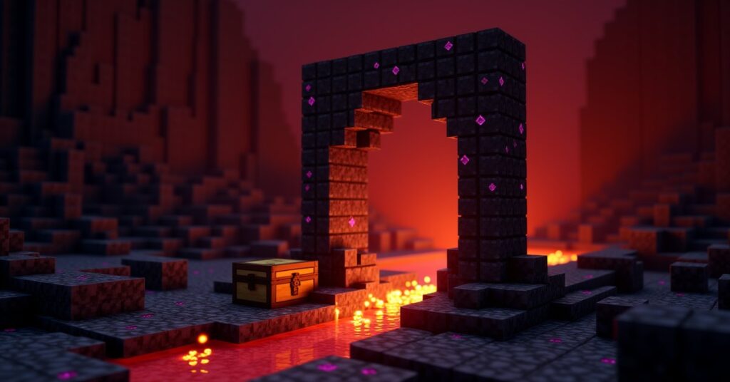 A ruined Nether portal of obsidian and crying obsidian with gold blocks and a loot chest beside a lava river.