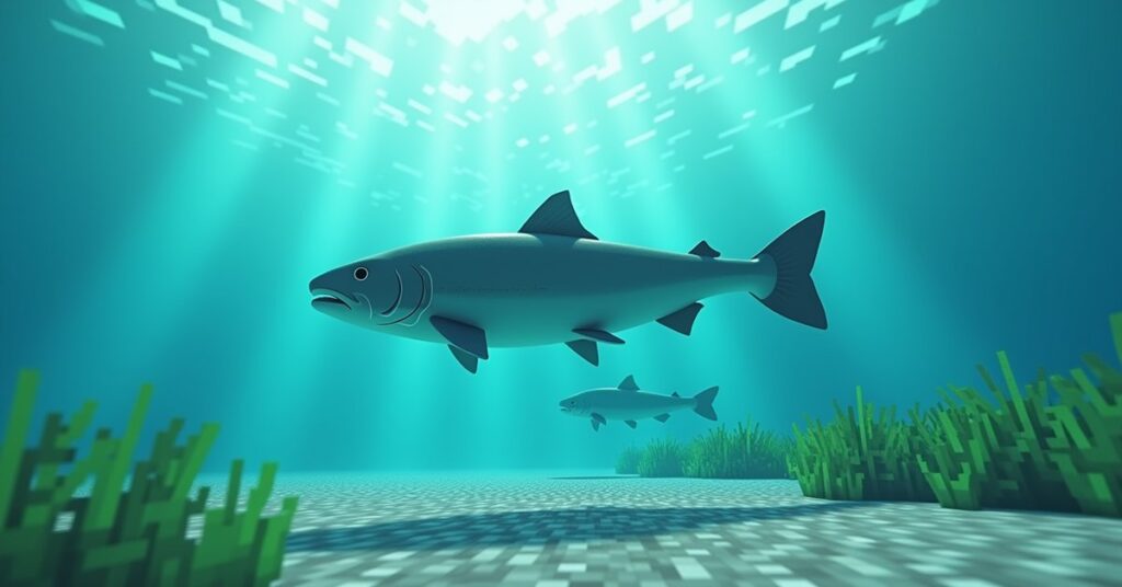 A large Minecraft salmon swimming in a cold river with a small school of fish over a gravel riverbed