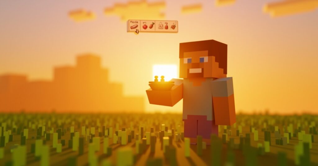 Minecraft player holding suspicious stew with a full hunger bar and the Saturation effect icon at sunset