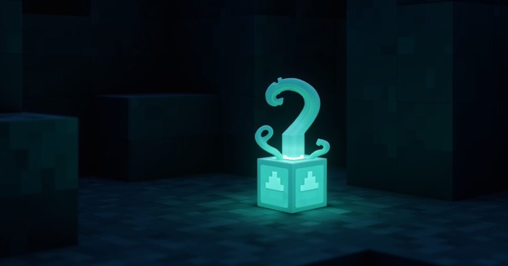 A Minecraft sculk sensor block glowing teal with cyan tendrils, set on a dark sculk-covered floor in the deep dark.
