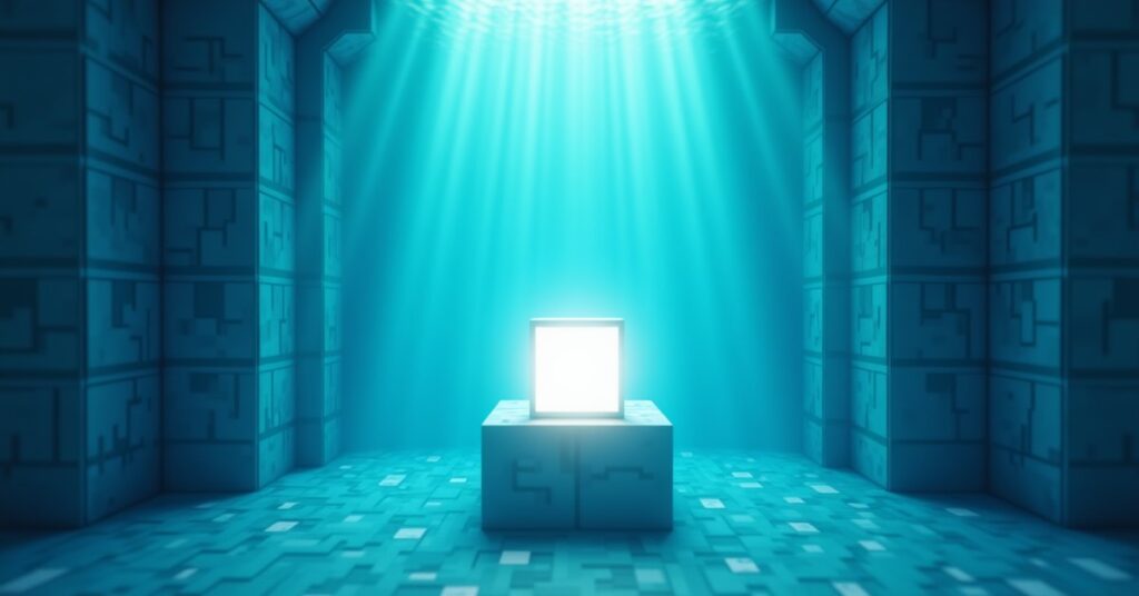 A glowing sea lantern block set into a prismarine wall inside a Minecraft ocean monument underwater