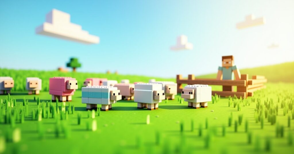 A flock of colorful Minecraft sheep grazing on a grassy plains hillside