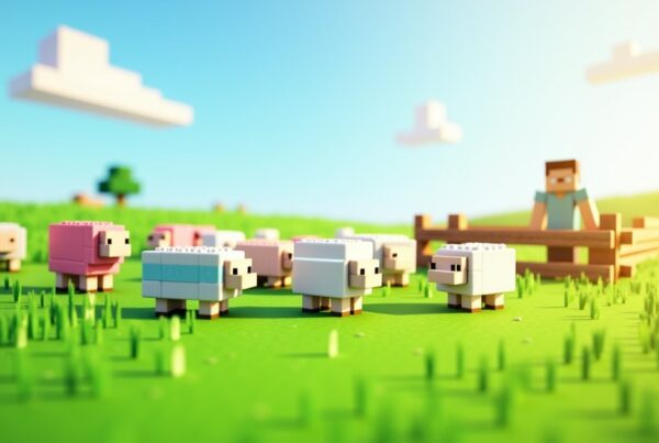 A flock of colorful Minecraft sheep grazing on a grassy plains hillside