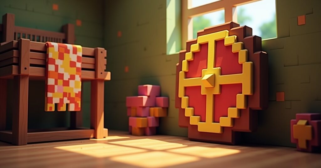 A Minecraft shield decorated with a banner pattern, displayed next to a loom and a finished banner.