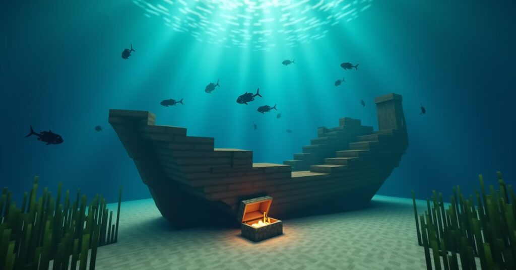 A tilted Minecraft shipwreck on the ocean floor with an open loot chest, fish, and sunlight filtering through blue water.