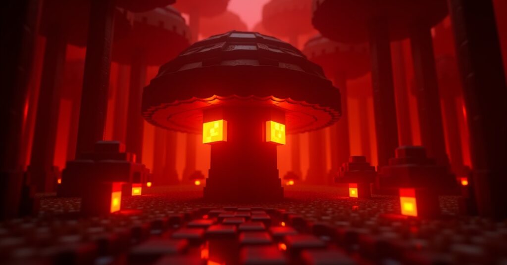 Glowing orange shroomlight blocks in the cap of a huge crimson fungus in a Minecraft Nether crimson forest.