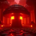 Glowing orange shroomlight blocks in the cap of a huge crimson fungus in a Minecraft Nether crimson forest.