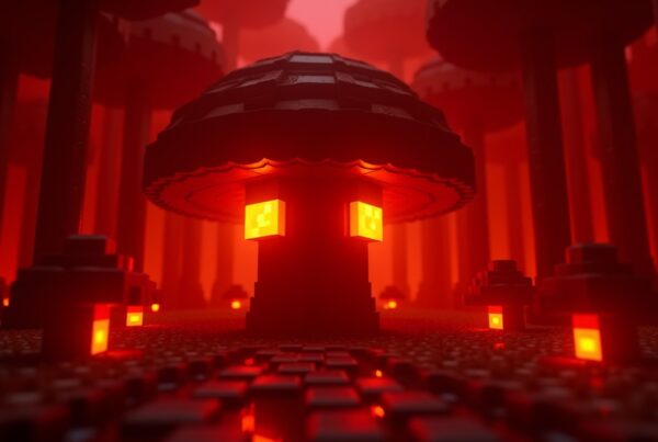 Glowing orange shroomlight blocks in the cap of a huge crimson fungus in a Minecraft Nether crimson forest.