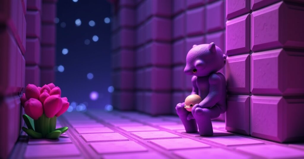 Purple shulker peeking out of its shell on a purpur wall in a Minecraft end city