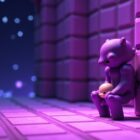 Purple shulker peeking out of its shell on a purpur wall in a Minecraft end city