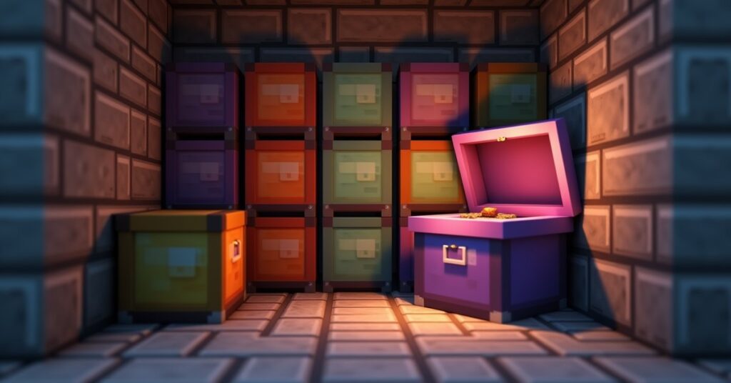 A wall of colorful dyed shulker boxes in a Minecraft storage room with one box open.