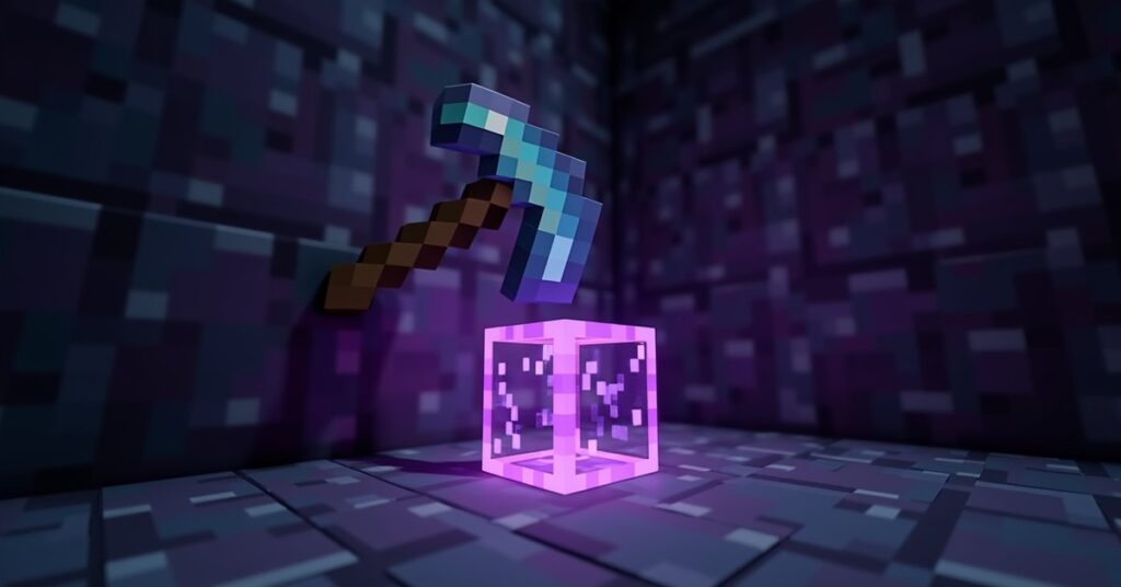 Enchanted diamond pickaxe with Silk Touch glow mining a glass block in a Minecraft mine