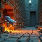 Minecraft silverfish bursting out of a cracked stone brick block in a torch-lit stronghold corridor