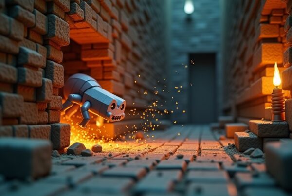 Minecraft silverfish bursting out of a cracked stone brick block in a torch-lit stronghold corridor
