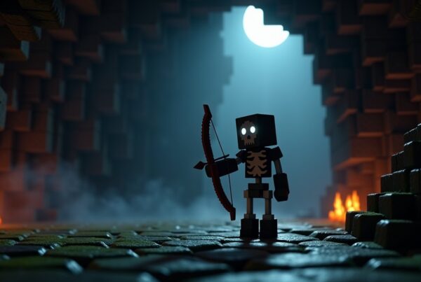 Minecraft skeleton drawing a bow at the entrance of a dark cave, lit by torchlight and moonlight