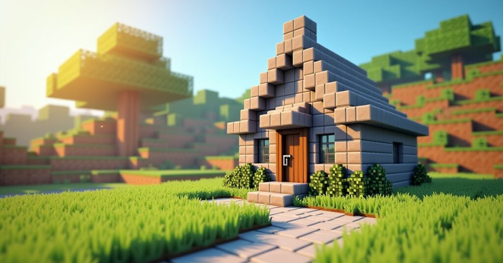 Minecraft stone slabs used as a staircase and sunken path next to a blocky cottage with half-slab roof edges.