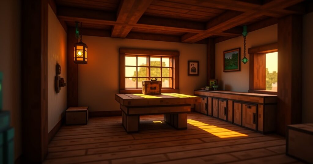 A Minecraft smithing table with iron-capped corners inside a village toolsmith house, lit by warm lantern light.