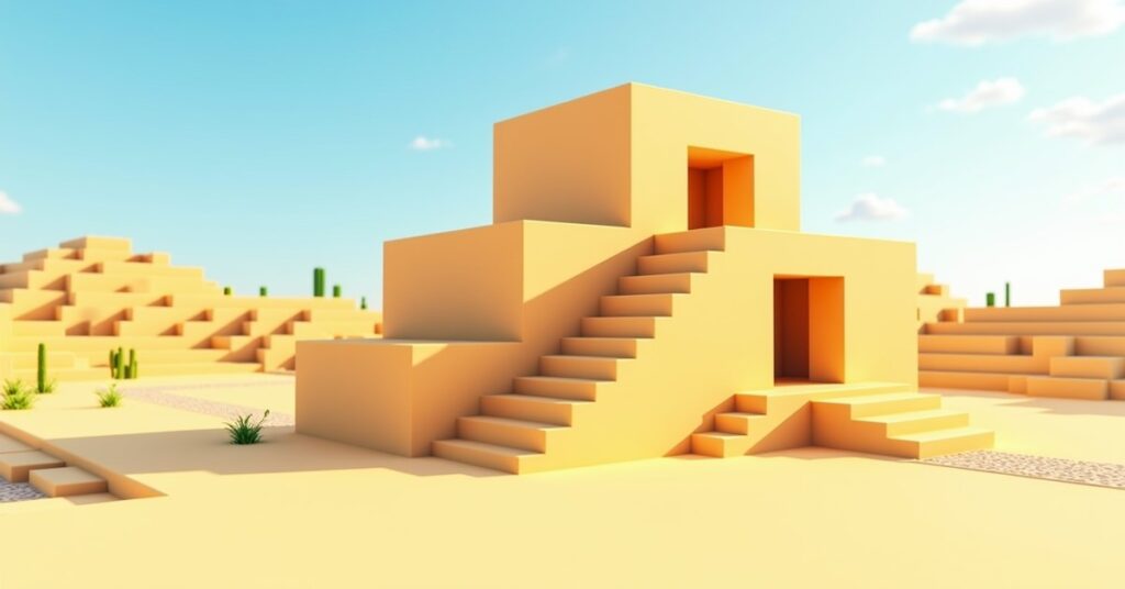 Smooth sandstone walls, stairs, and slabs forming a desert temple in Minecraft under bright sun.
