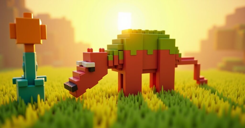 A sniffer digging in a grassy Minecraft meadow with a torchflower growing nearby