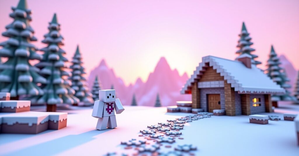 Snowy Minecraft plains at sunset with a snow golem on a cobblestone path beside a snow-covered cabin roof.