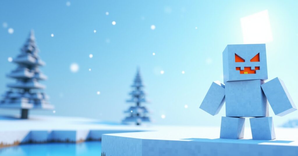 A snow golem made of two stacked snow blocks with a carved pumpkin head, standing in a snowy plains biome in Minecraft.