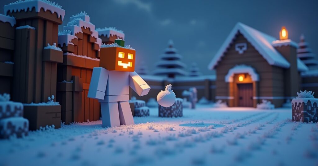Minecraft snow golem with carved pumpkin head throwing a snowball near a base gate, leaving a snow trail behind it