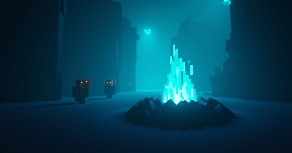 A lit Minecraft soul campfire burning with blue flames on soul soil in the Nether, with piglins fleeing in the background.