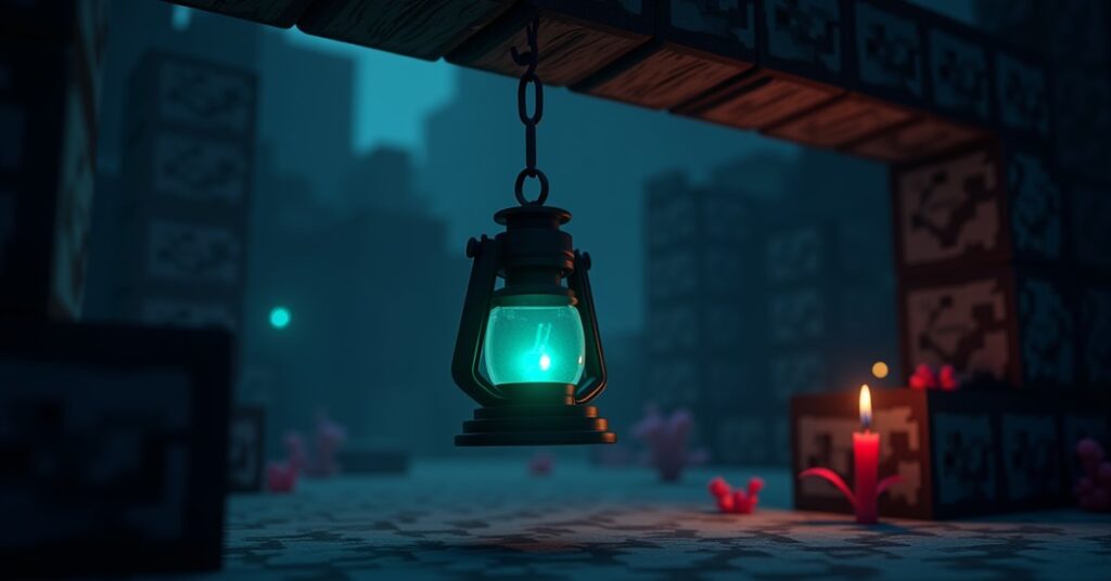 Soul lantern hanging from a dark oak beam, glowing cyan over soul sand in a nether-style Minecraft build.
