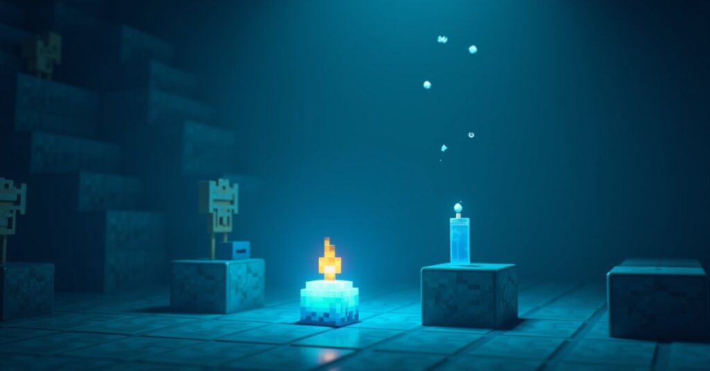 Minecraft soul sand in a Soul Sand Valley biome with blue soul fire and a bubble column rising from one block.