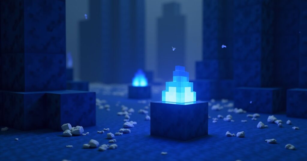 Soul soil block with blue soul fire burning on top in a Minecraft soul sand valley with basalt pillars in the background.