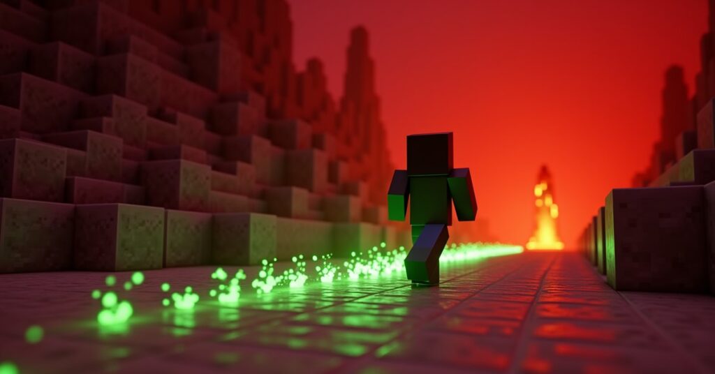 Minecraft player in enchanted boots sprints across soul sand with green soul fire particles trailing behind.