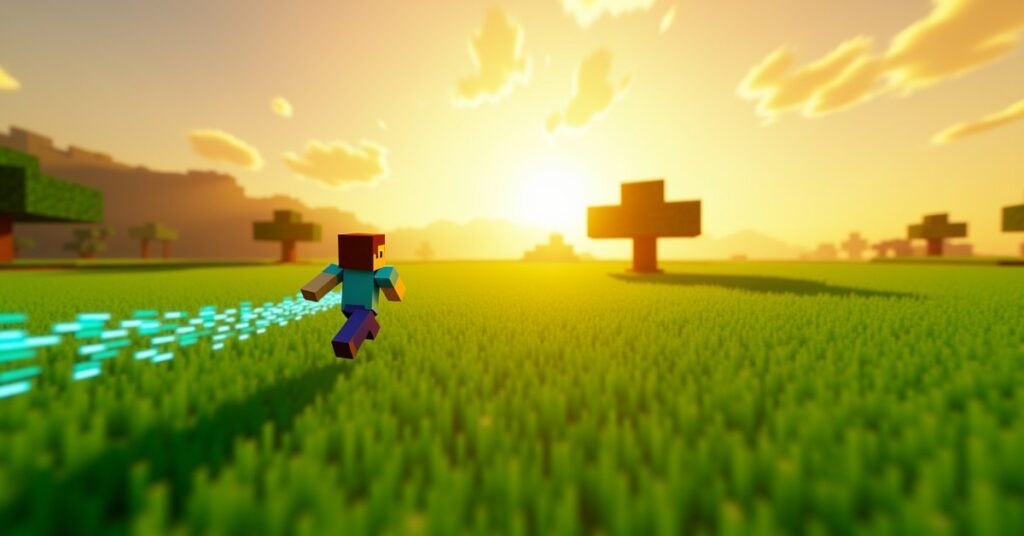 A Minecraft player sprinting across a plains biome at sunset with cyan Speed effect particles trailing behind them.