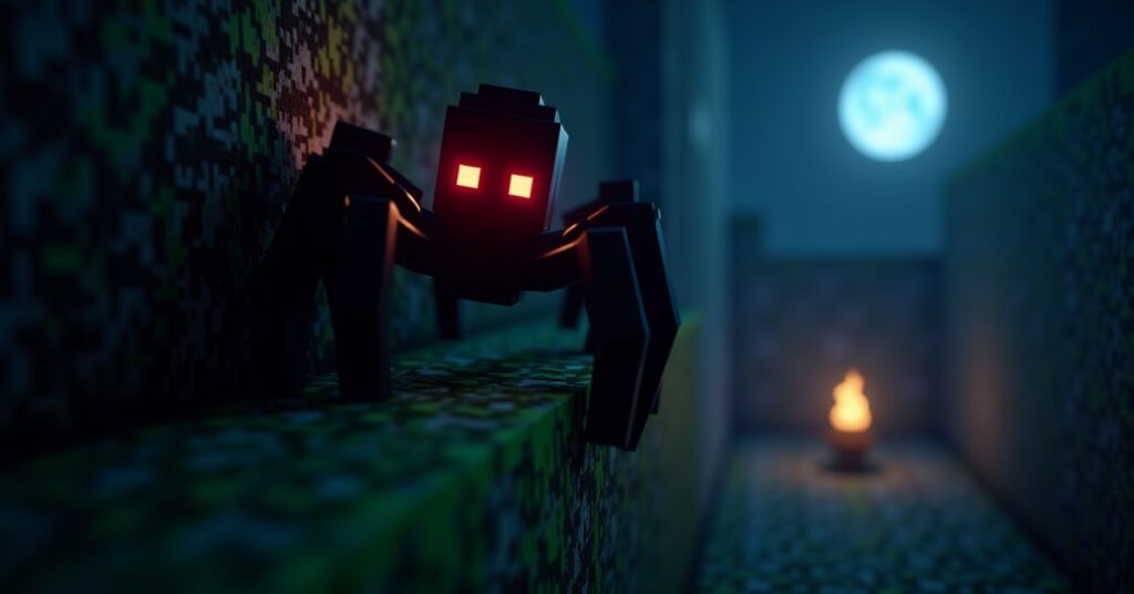 A Minecraft spider with glowing red eyes climbing a dark stone wall at night