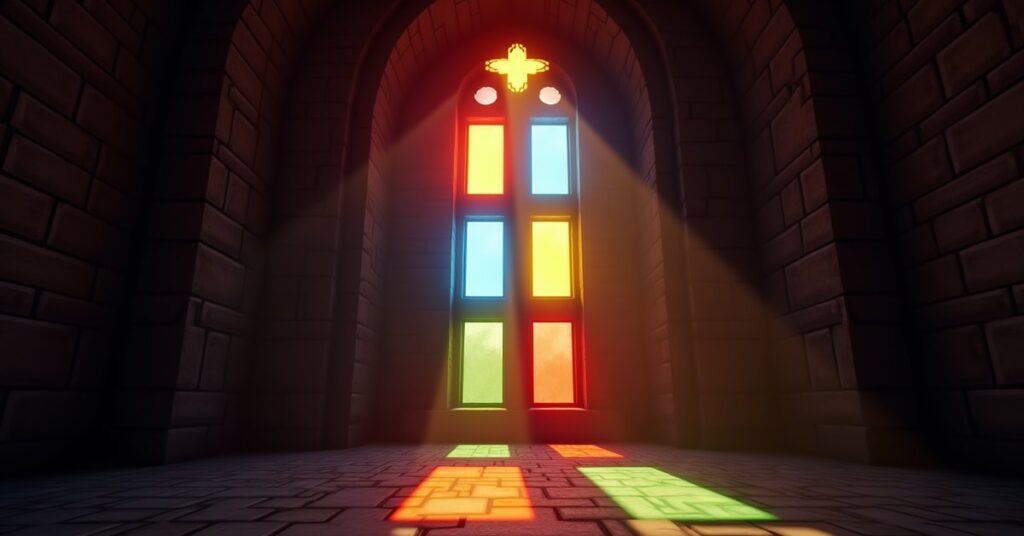 Minecraft cathedral window of red, blue, and yellow stained glass panes in a stone brick wall with sunlight passing through.