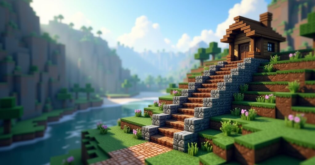 Minecraft cobblestone and oak stairs winding up a grassy hill to a small wooden cottage in morning light.