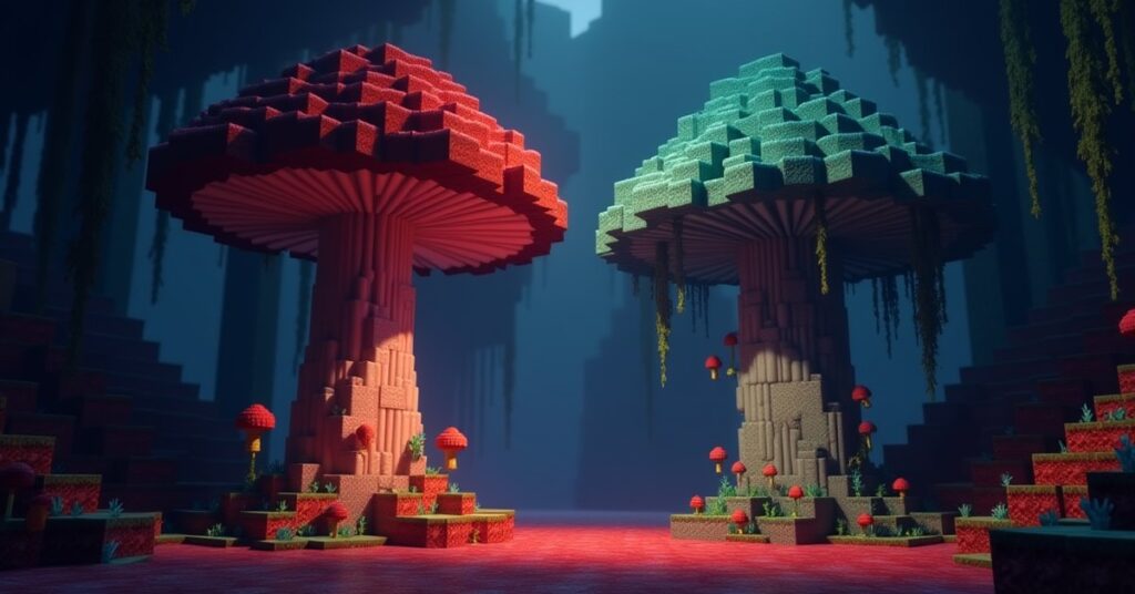 Crimson stem and warped stem huge fungi growing in the Nether, with red and teal trunks side by side on nylium ground.
