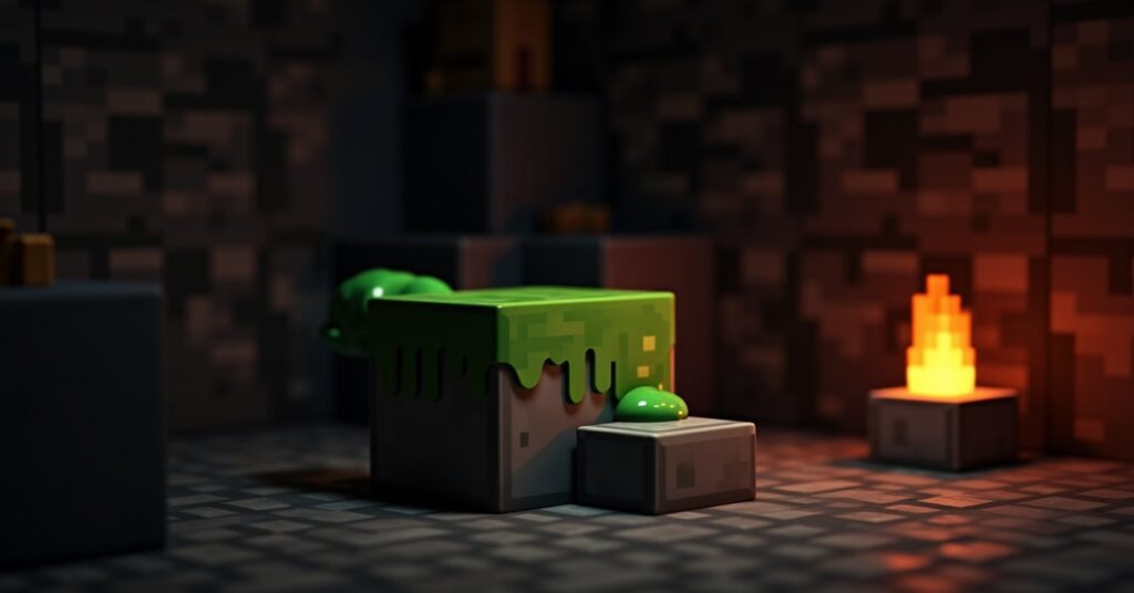 A sticky piston in Minecraft pushing a stone block inside a redstone workshop, with hoppers and torches in view.