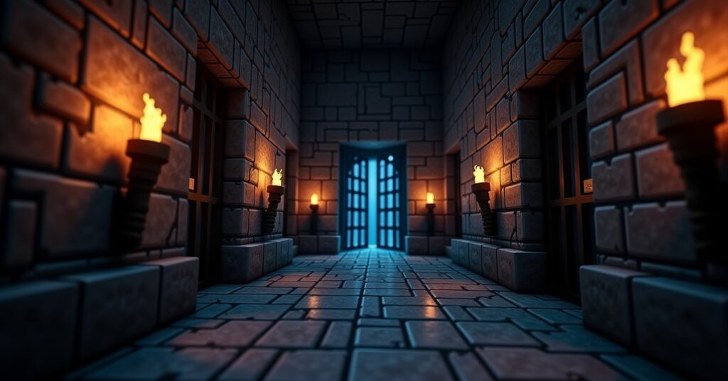 Minecraft stronghold corridor of stone bricks with cracked, mossy, and chiseled variants, lit by torches.